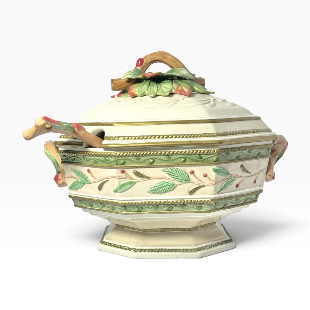 Fitz & Floyd “Winter Wonderland” Ceramic Soup Tureen w/Lid & Ladle 14” Christmas